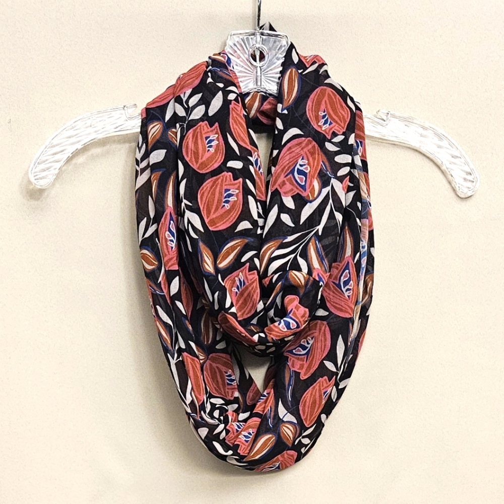 Daniel Rainn Black Floral Infinity Scarf with Coral & Blue Accents